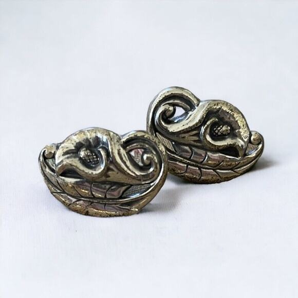 Vintage Stamped Sterling Silver Lily Calla Screw Back Earrings Leaf Flowers - Picture 3 of 7